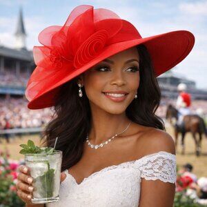 August Accessories Wide Brim Hat VTG Salmon Red Bow Mesh Flower Church Derby